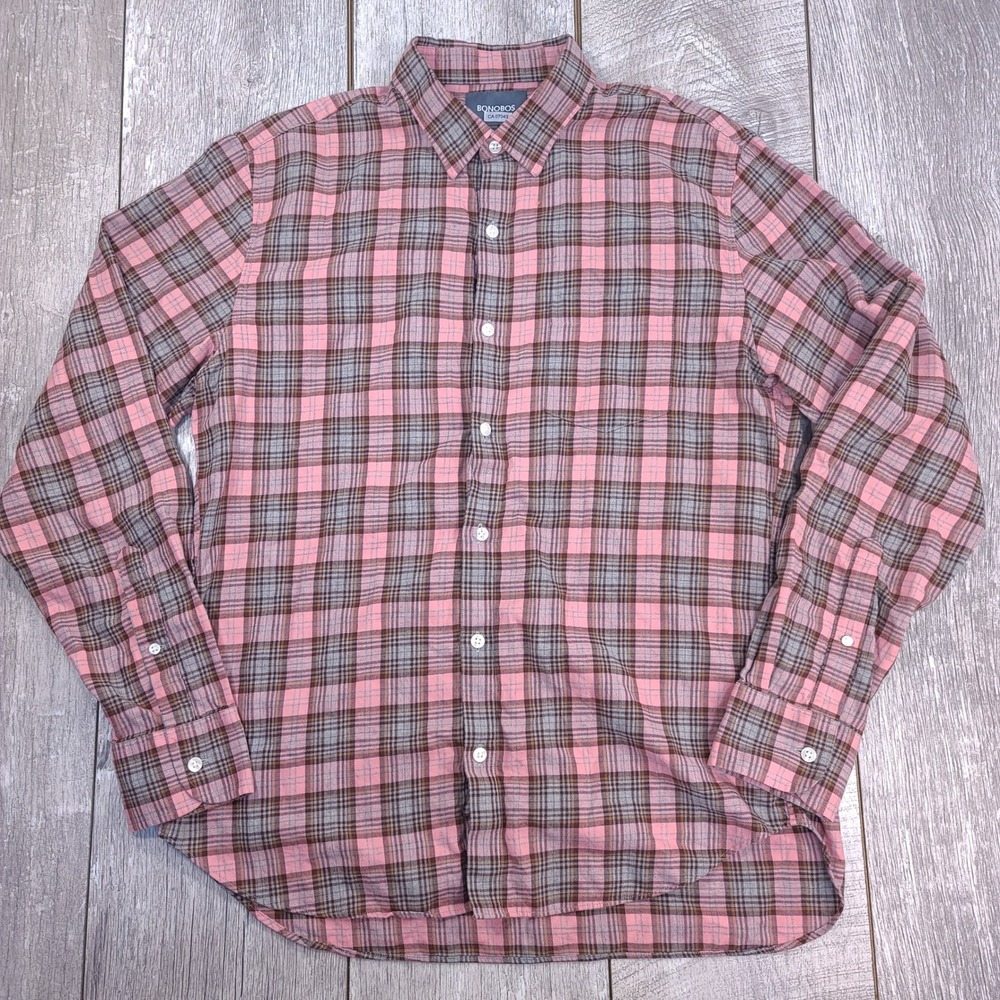 Bonobos Button Down Shirt Mens L Pink Grey Plaid Slim Fit Long Sleeve